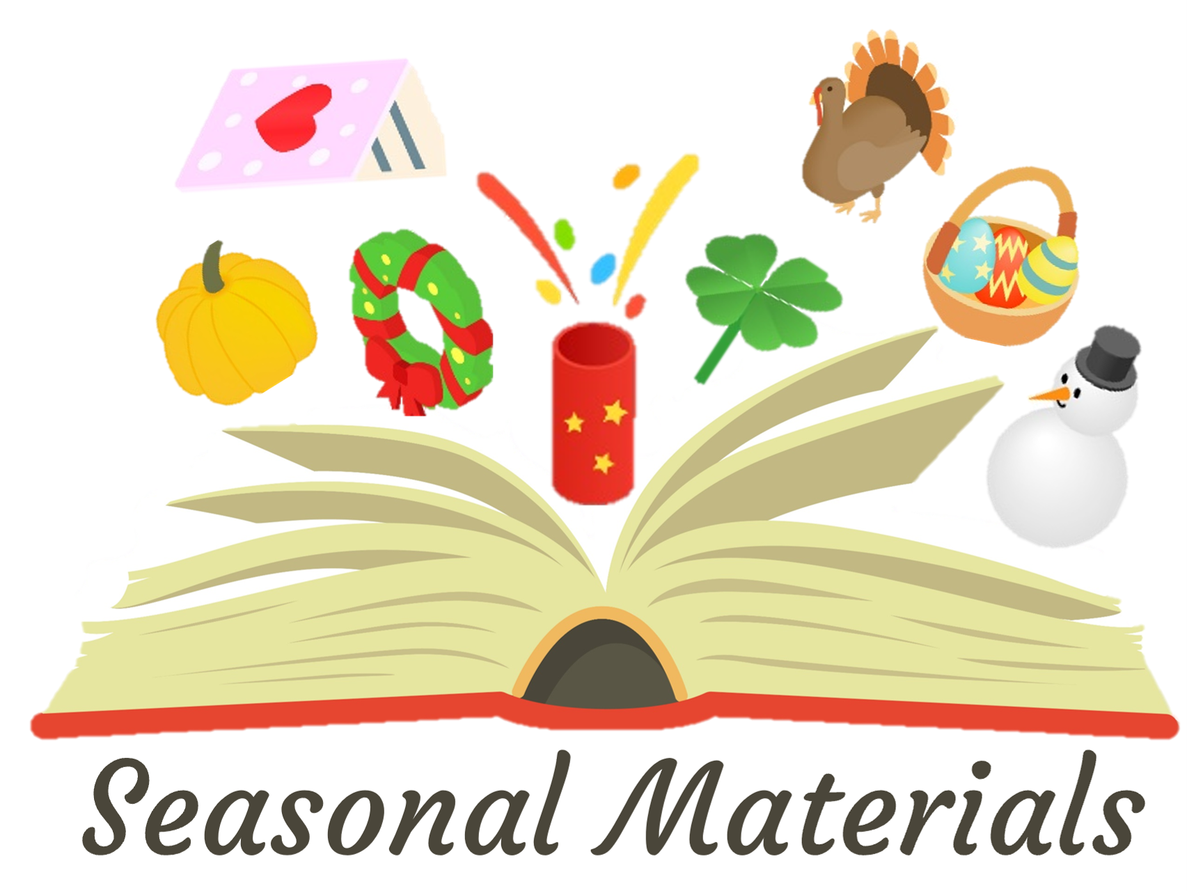 seasonal materials book with seasonal images coming out of it